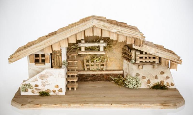 Crèche de Noël (W3) Étable de crèche (grande) en bois réalisée par un ébéniste – travail de la plus haute qualité